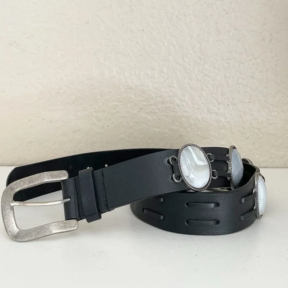 Vintage Leatherock Black Leather Belt with Silver gray stone Accents